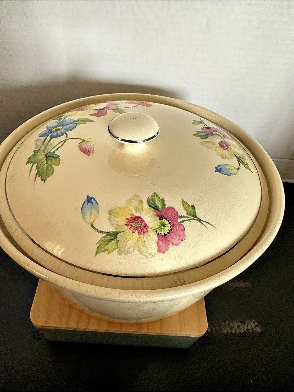 Bakelite Floral Covered Casserole in Cream